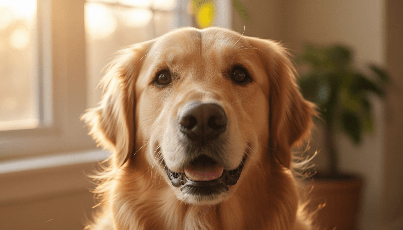 A dog with a gentle expression, looking at the camera in natural light