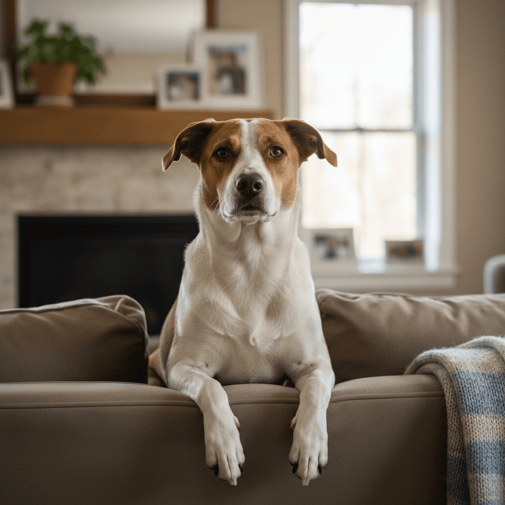 Brown and white dog resting calmly on a couch